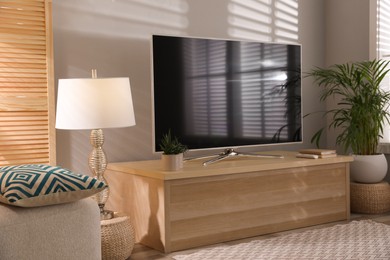 Photo of Stylish living room interior with TV on cabinet and houseplant