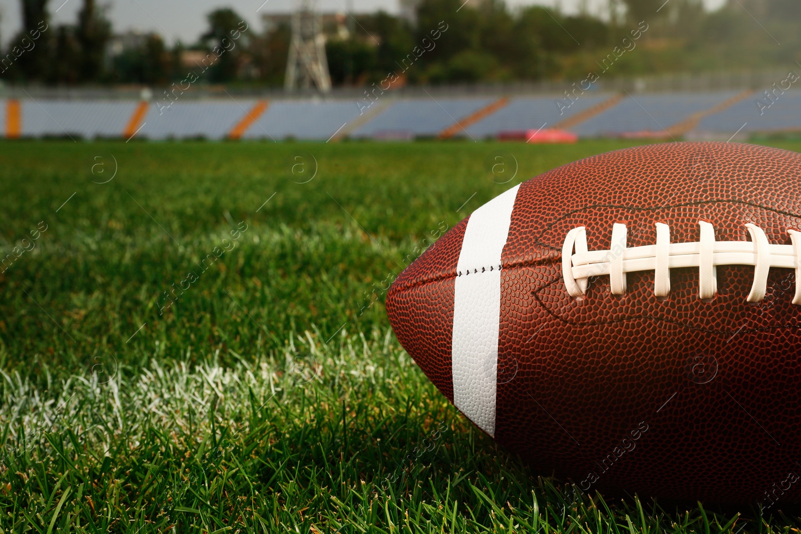 Photo of American football ball on green field grass in stadium, closeup