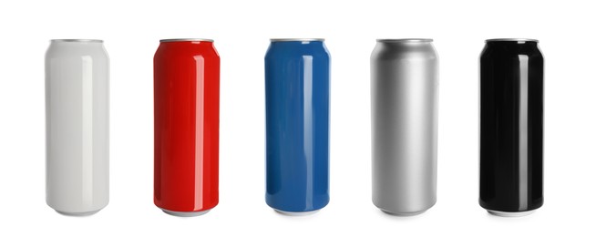 Image of Set with different colorful aluminium cans of beverage on white background. Banner design