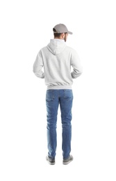 Photo of Young man in sweater isolated on white. Mock up for design