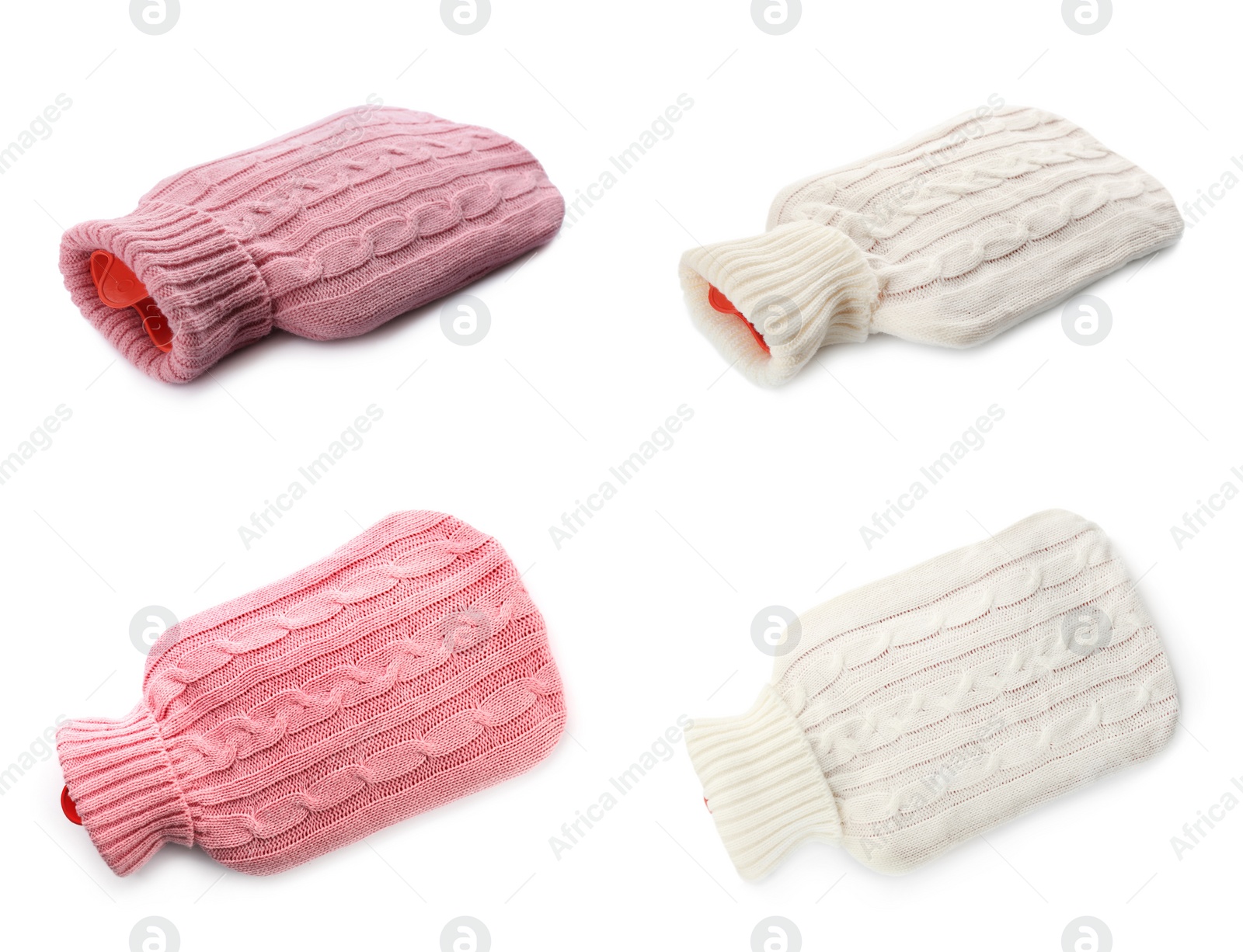 Image of Set of hot water bottles with knitted covers on white background 