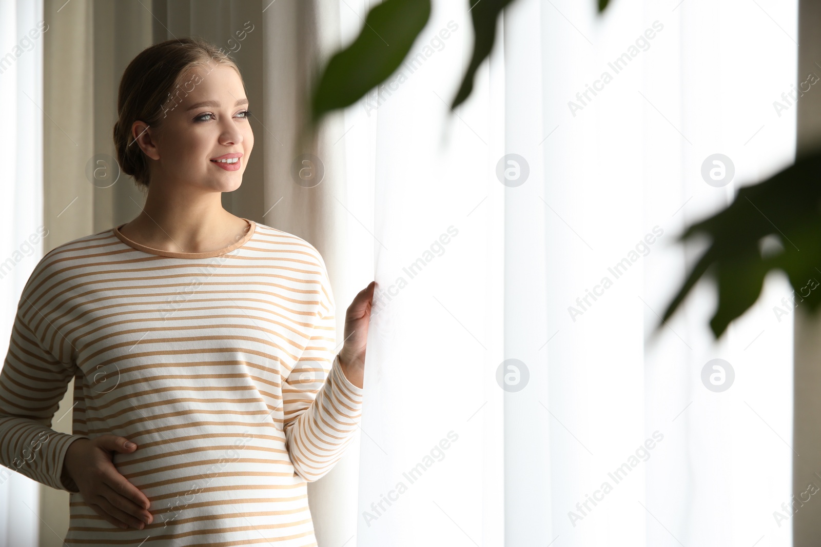 Photo of Young pregnant woman near window at home. Space for text