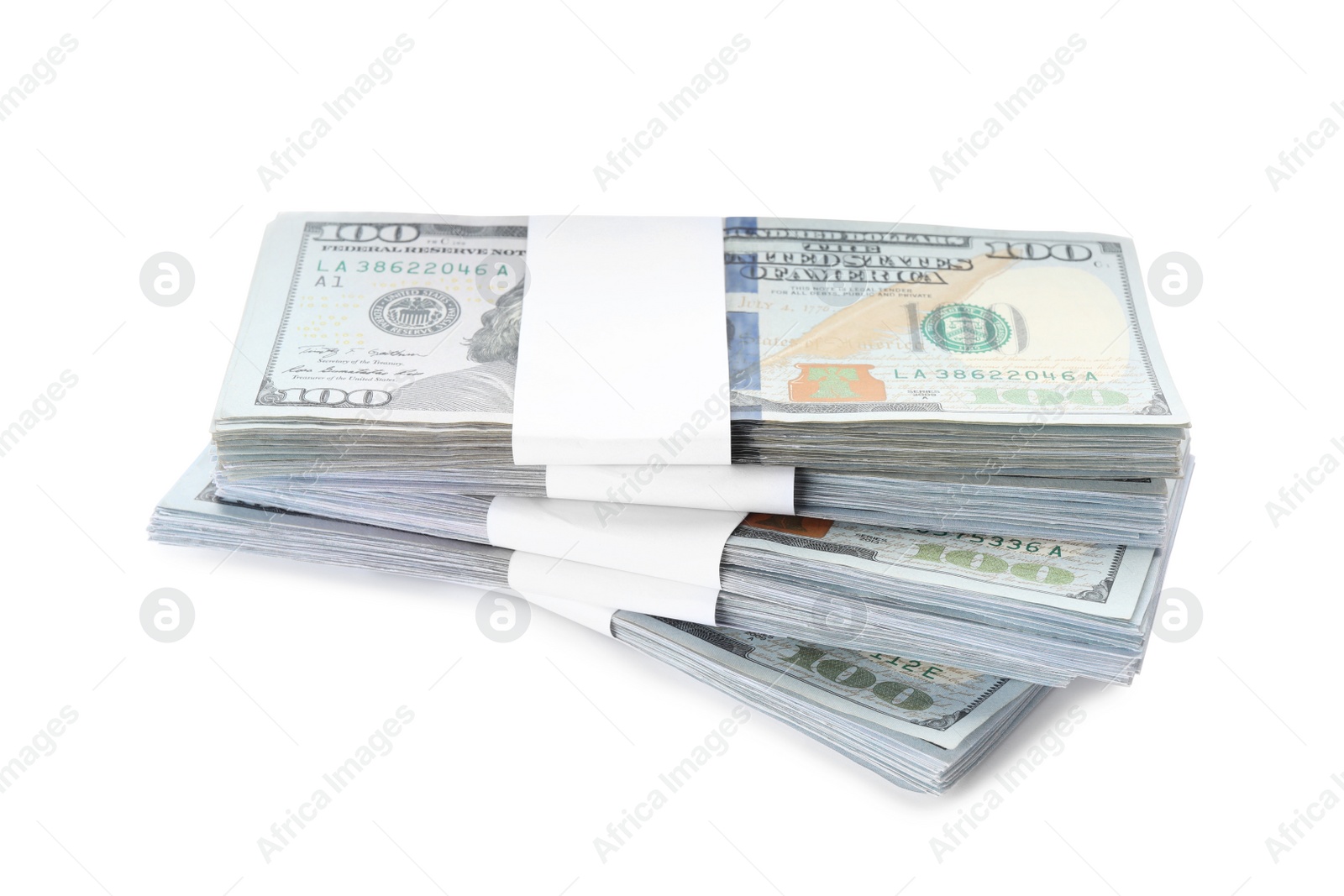 Photo of Bundles of dollar banknotes on white background. American national currency