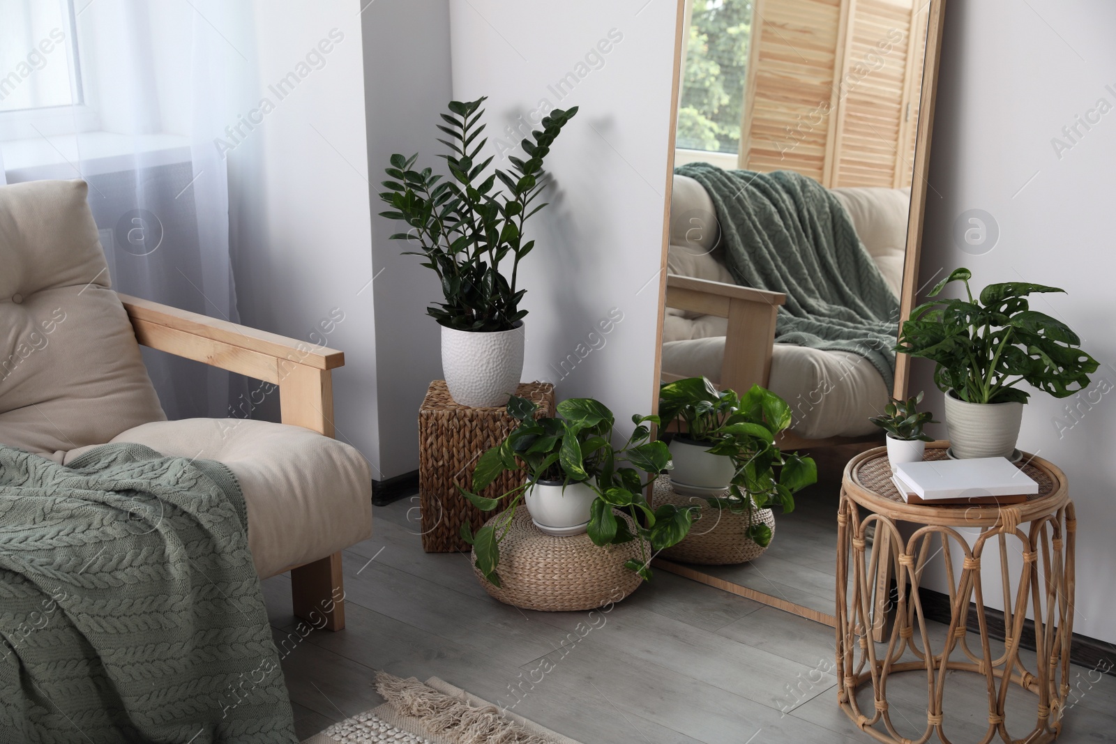 Photo of Beautiful room interior with leaning floor mirror and houseplants