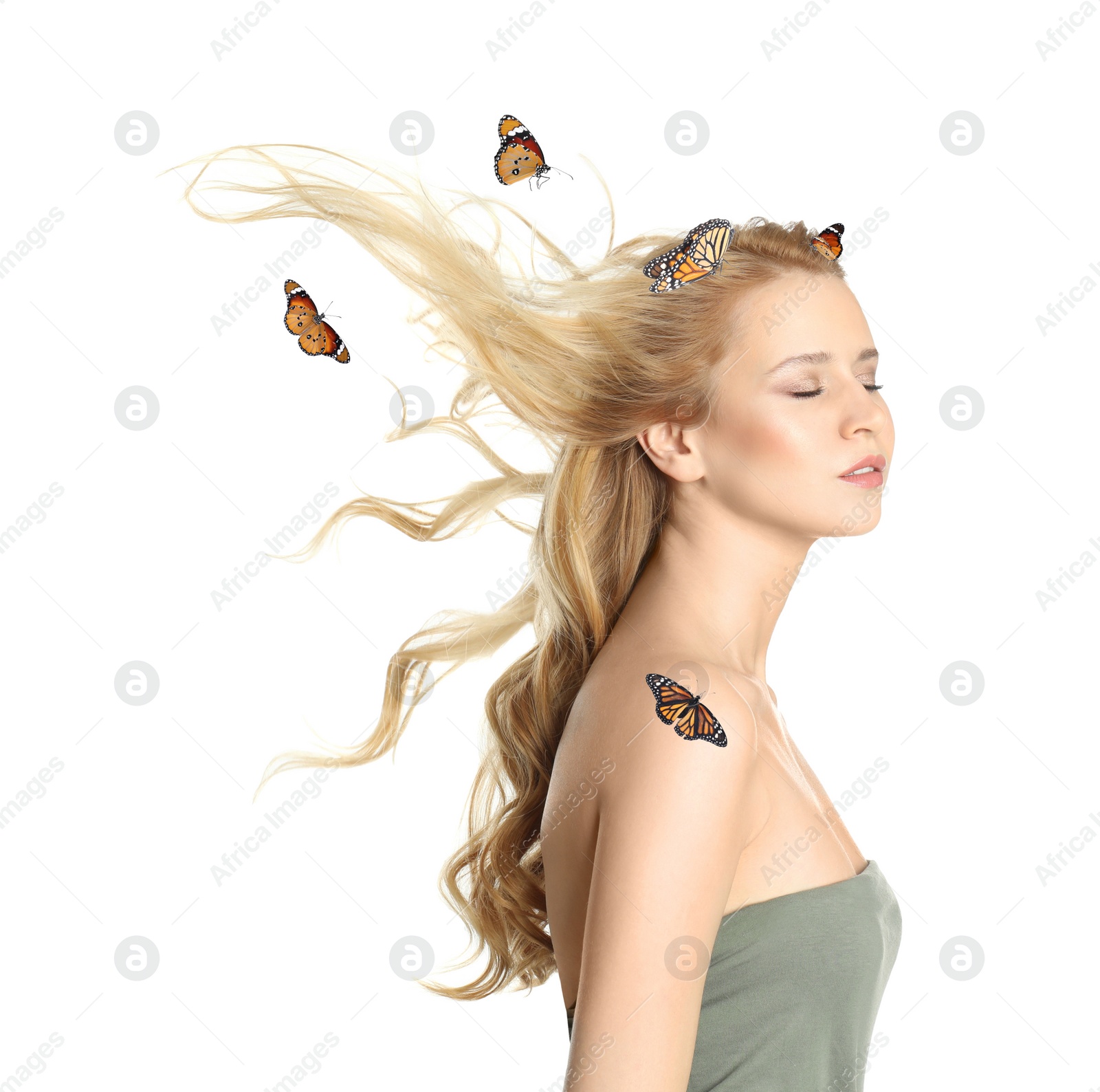 Image of Beautiful young woman and butterflies on white background