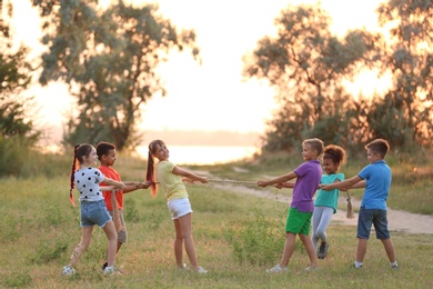 Photo of Cute little children playing outdoors at sunset