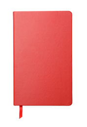 Stylish red notebook isolated on white, top view