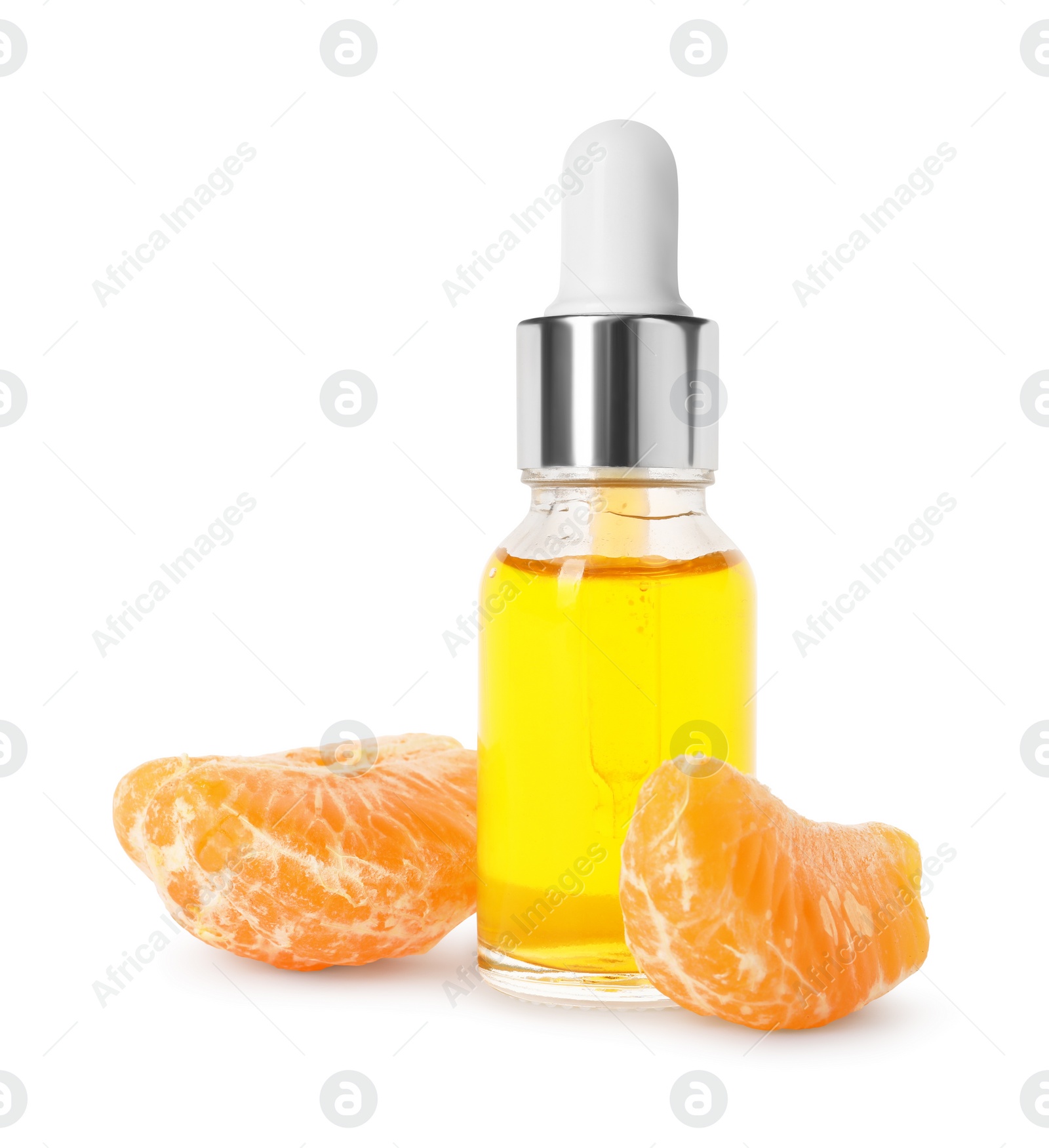 Photo of Aromatic tangerine essential oil in bottle and citrus fruit isolated on white