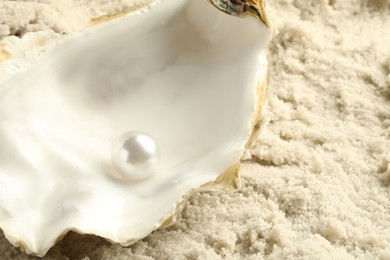 Photo of Half of oyster with white pearl on sand, closeup