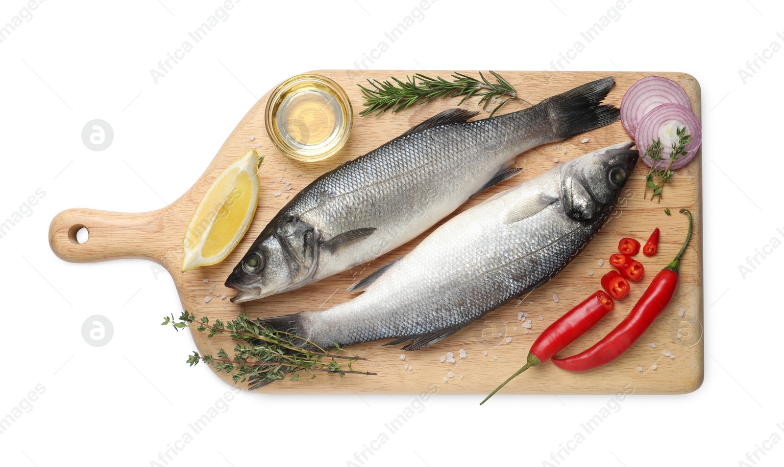 Photo of Tasty sea bass fish and ingredients isolated on white, top view