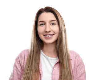 Photo of Portrait of smiling woman with dental braces on white background