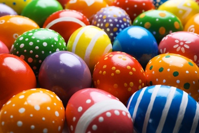 Many decorated Easter eggs as background. Festive tradition