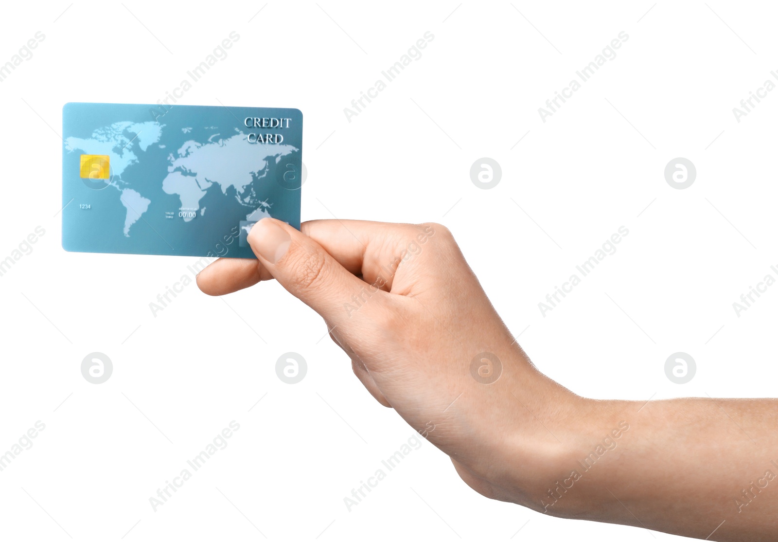 Photo of Woman holding credit card on white background