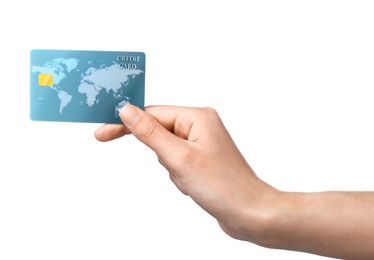 Photo of Woman holding credit card on white background