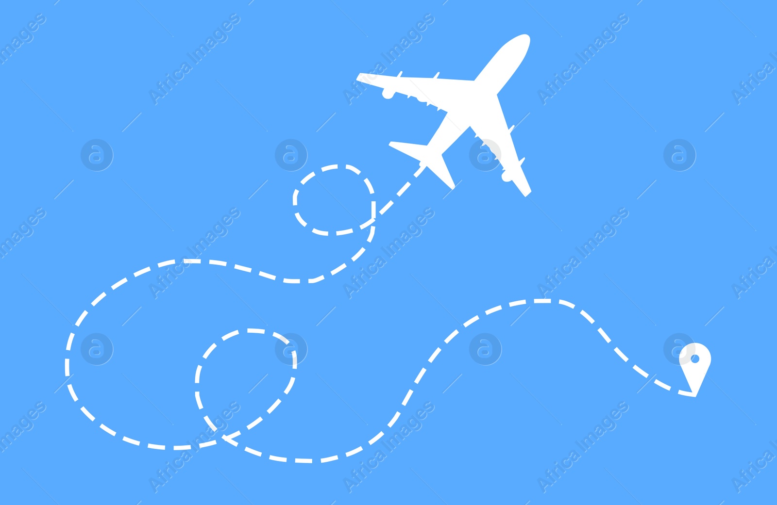 Illustration of Flight direction illustration. Plane silhouette and pin connected by dashed line on blue background