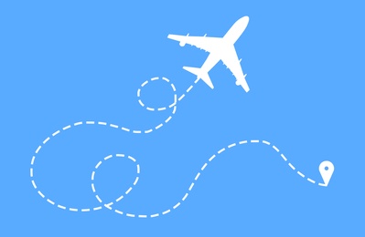 Illustration of Flight direction illustration. Plane silhouette and pin connected by dashed line on blue background