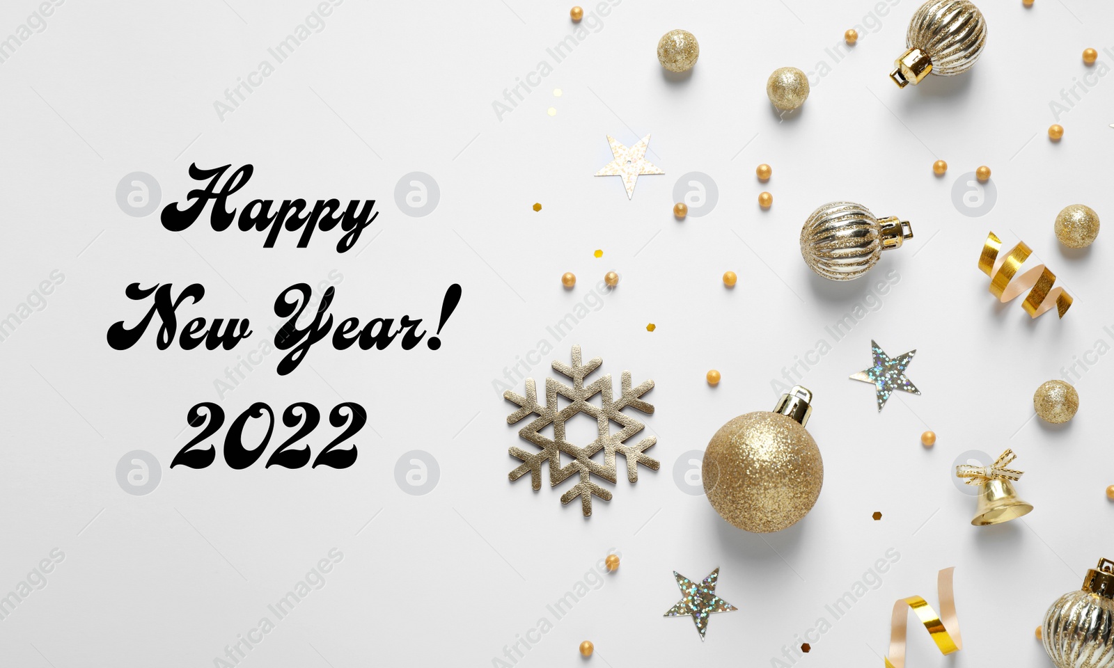 Image of Happy New 2022 Year! Flat lay composition with decorations on white background