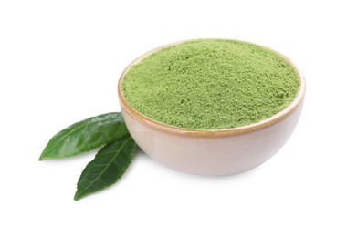 Photo of Leaves and bowl of matcha powder isolated on white