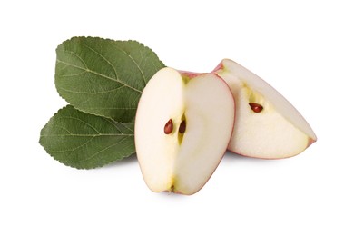 Pieces of fresh ripe apple and green leaves isolated on white