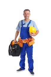 Photo of Electrician with tools and safety helmet wearing uniform on white background