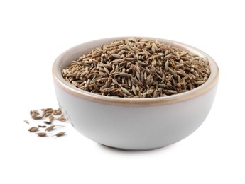 Photo of Bowl of aromatic caraway (Persian cumin) seeds isolated on white