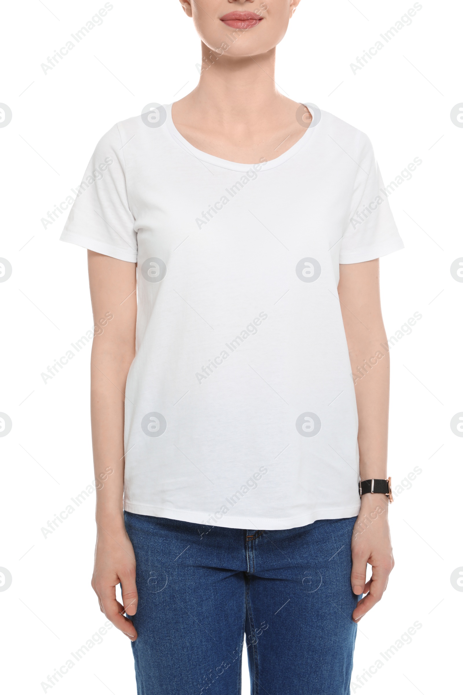 Photo of Young woman in t-shirt on white background, closeup. Mock up for design