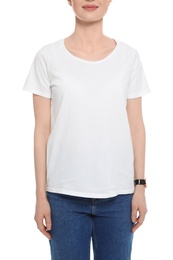 Young woman in t-shirt on white background, closeup. Mock up for design