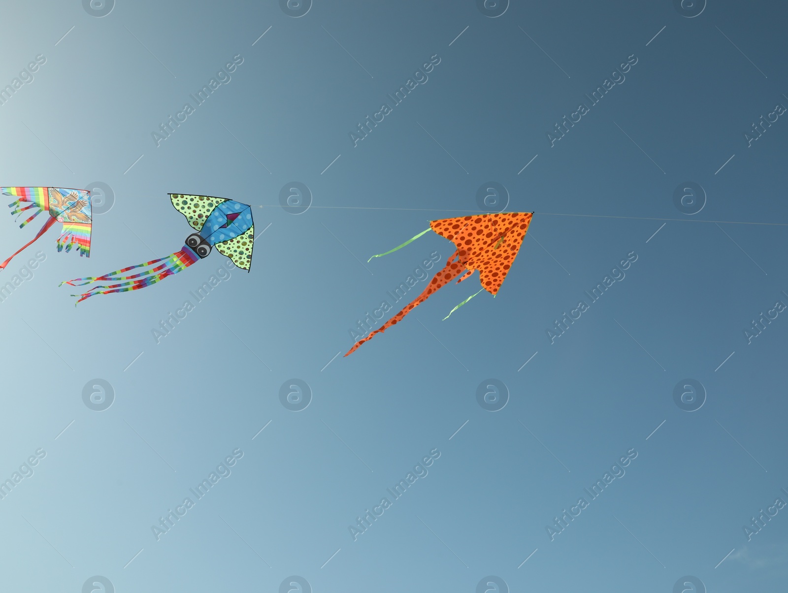 Photo of Bright rainbow kites in blue sky, low angle view