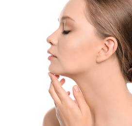 Portrait of young woman with beautiful face on white background, closeup