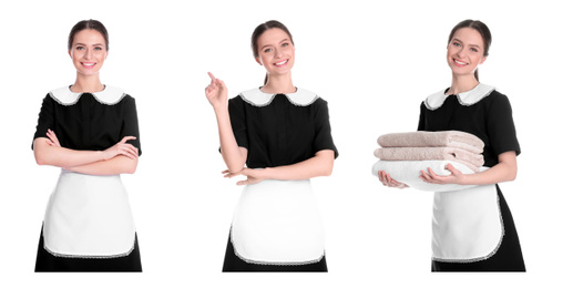 Image of Collage with photos of chambermaid on white background. Banner design