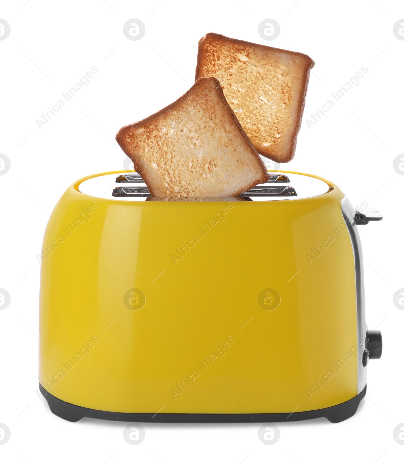 Photo of Yellow toaster with roasted bread slices on white background