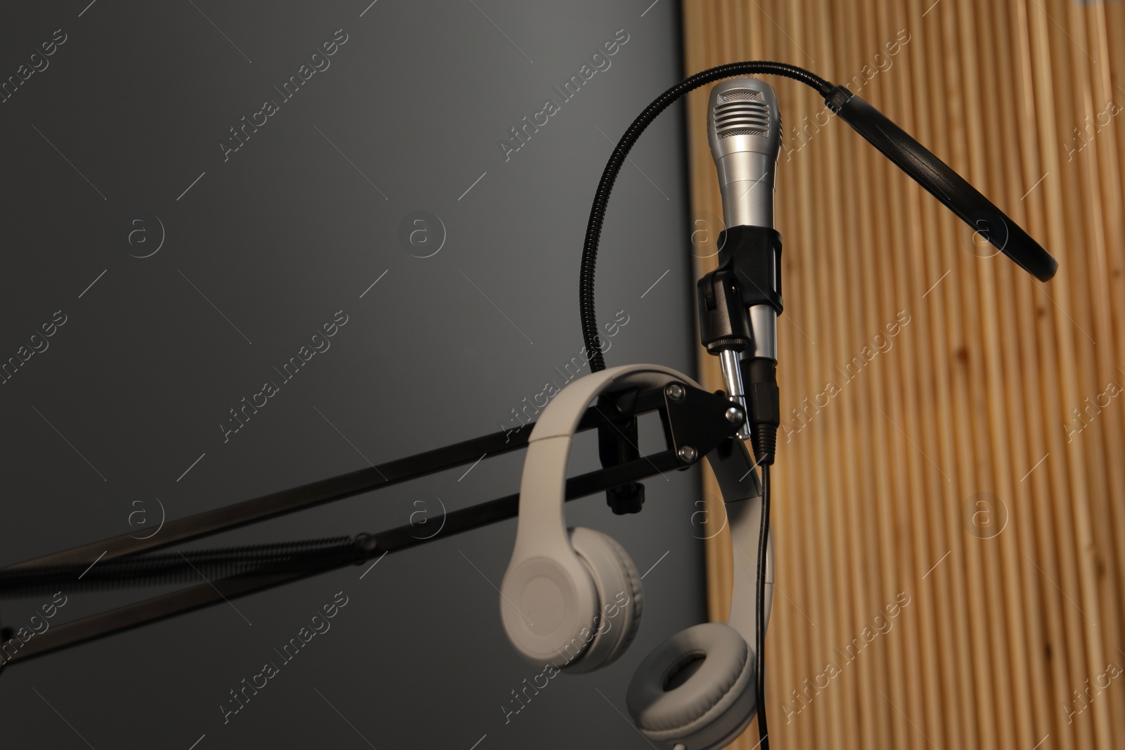 Photo of Stand with microphone, headphones and pop filter indoors. Sound recording and reinforcement