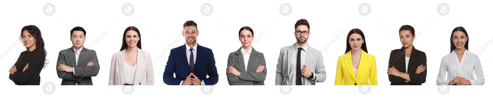 Image of Collage with photos of different businesspeople on white background