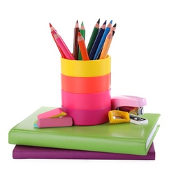 Photo of Set of colorful school stationery on white background