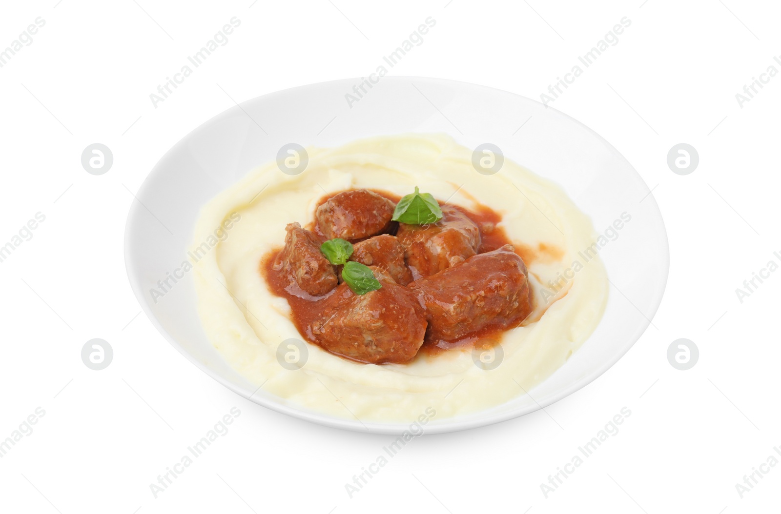 Photo of Delicious goulash with mashed potato isolated on white