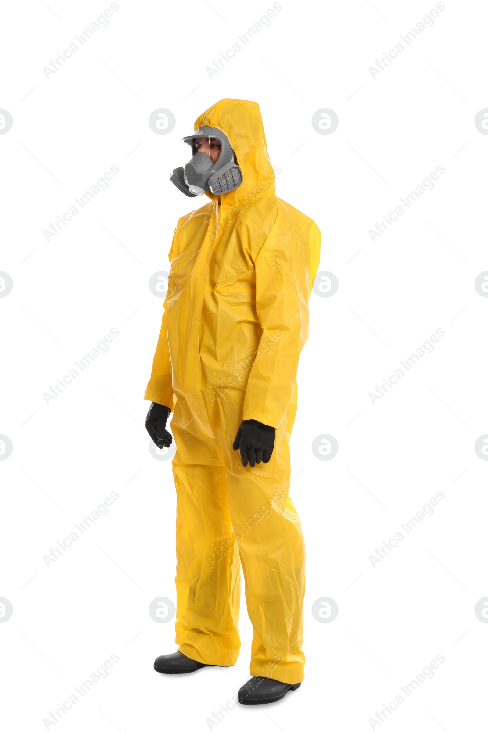 Photo of Man wearing chemical protective suit on white background. Virus research