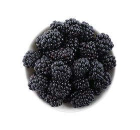 Fresh ripe blackberries in bowl isolated on white, top view