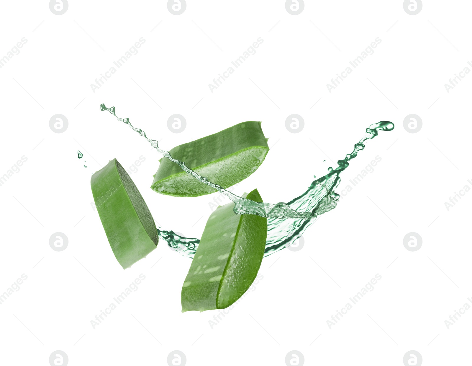 Image of Sliced aloe vera leaf and splash of juice on white background