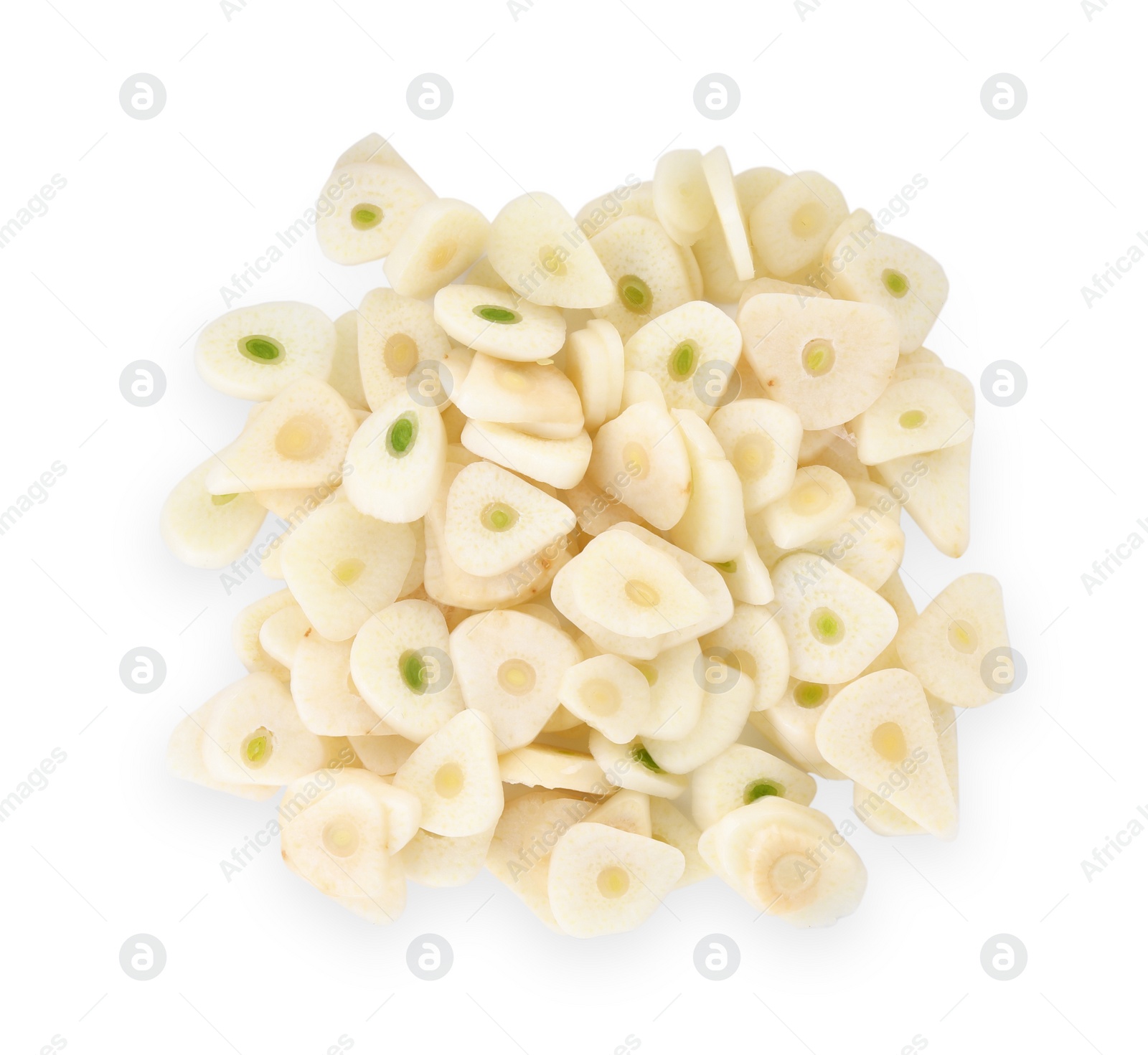 Photo of Pieces of fresh garlic isolated on white, top view