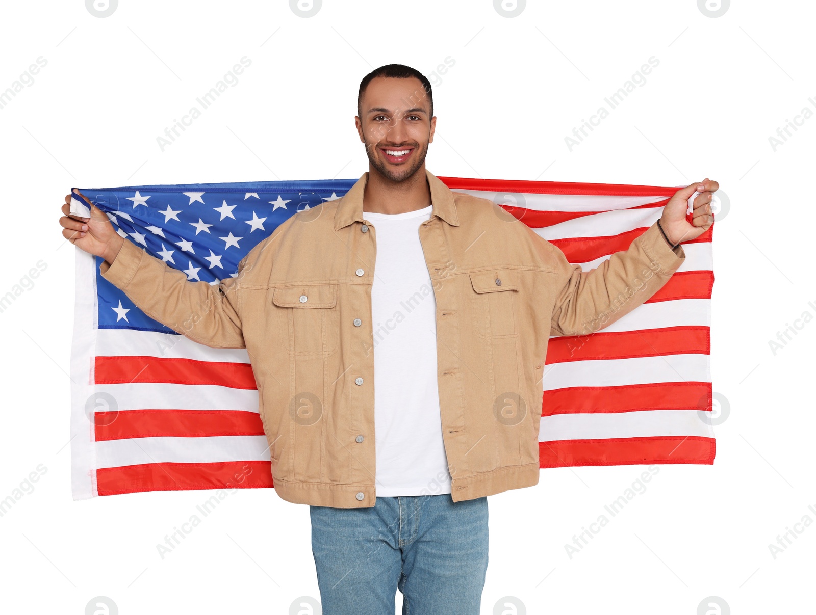 Image of 4th of July - Independence day of America. Happy man with national flag of United States on white background