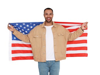 Image of 4th of July - Independence day of America. Happy man with national flag of United States on white background