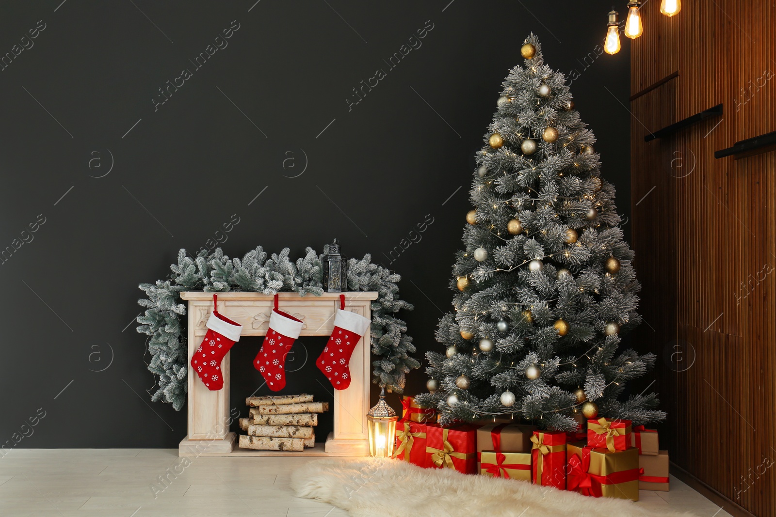 Photo of Stylish Christmas interior with decorated fir tree and fireplace