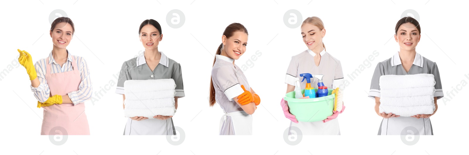 Image of Collage with photos of chambermaids on white background. Banner design