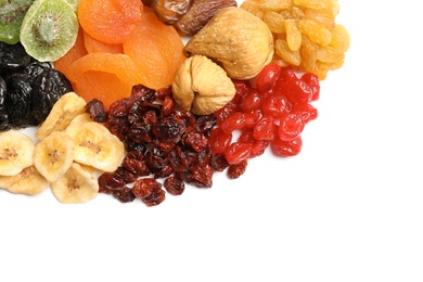 Photo of Different dried fruits on white background, top view. Healthy lifestyle