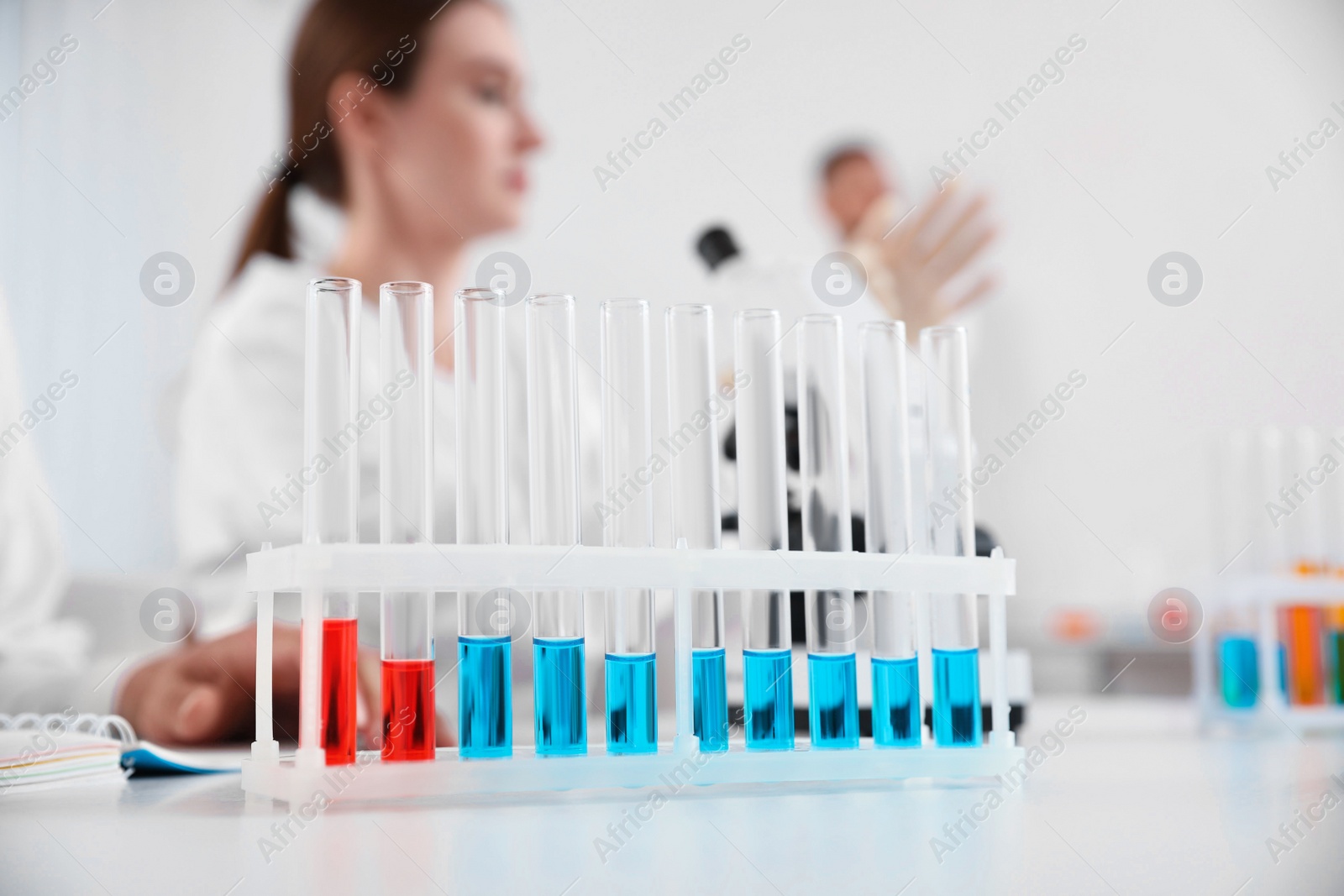 Photo of Rack with test tubes on white table and laboratory assistants in room. Medical research