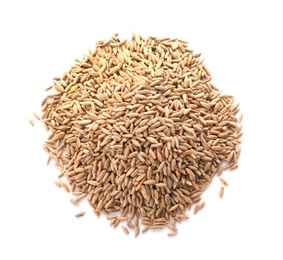 Photo of Raw rye on white background. Healthy grains and cereals