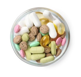 Photo of Different vitamin capsules in bowl isolated on white, top view