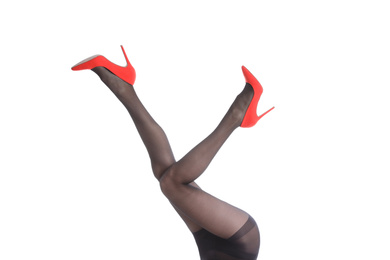Photo of Woman wearing black tights and stylish shoes isolated on white, closeup of legs