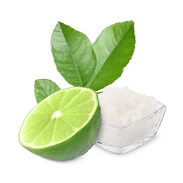 Image of Cut lime and salt isolated on white. Margarita cocktail ingredients