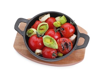 Tasty fried vegetables in baking dish isolated on white, above view